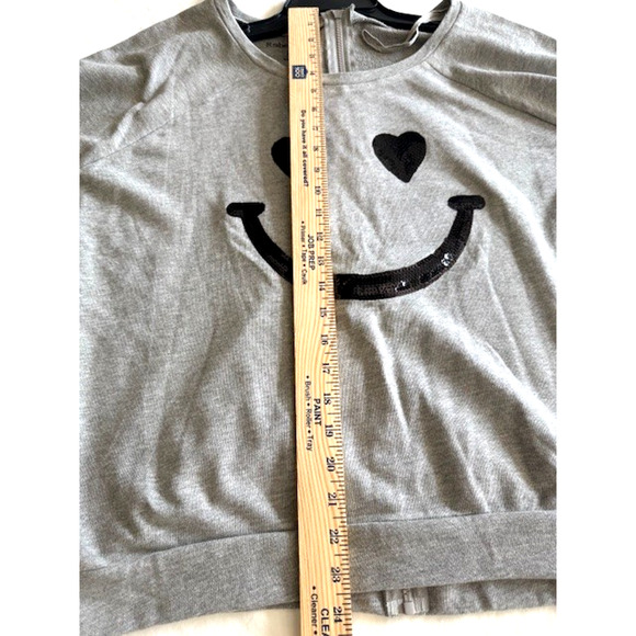 REBELLIOUS ONE ZIP BACK SWEAT SHIRT HEATHER GRAY SEQUIN SMILEY FACE SZ LARGE NEW - Picture 9 of 9